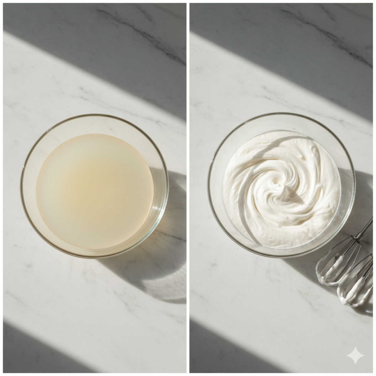 Aquafaba avant et après montée : liquide puis pics fermes dans un bol en verrepng