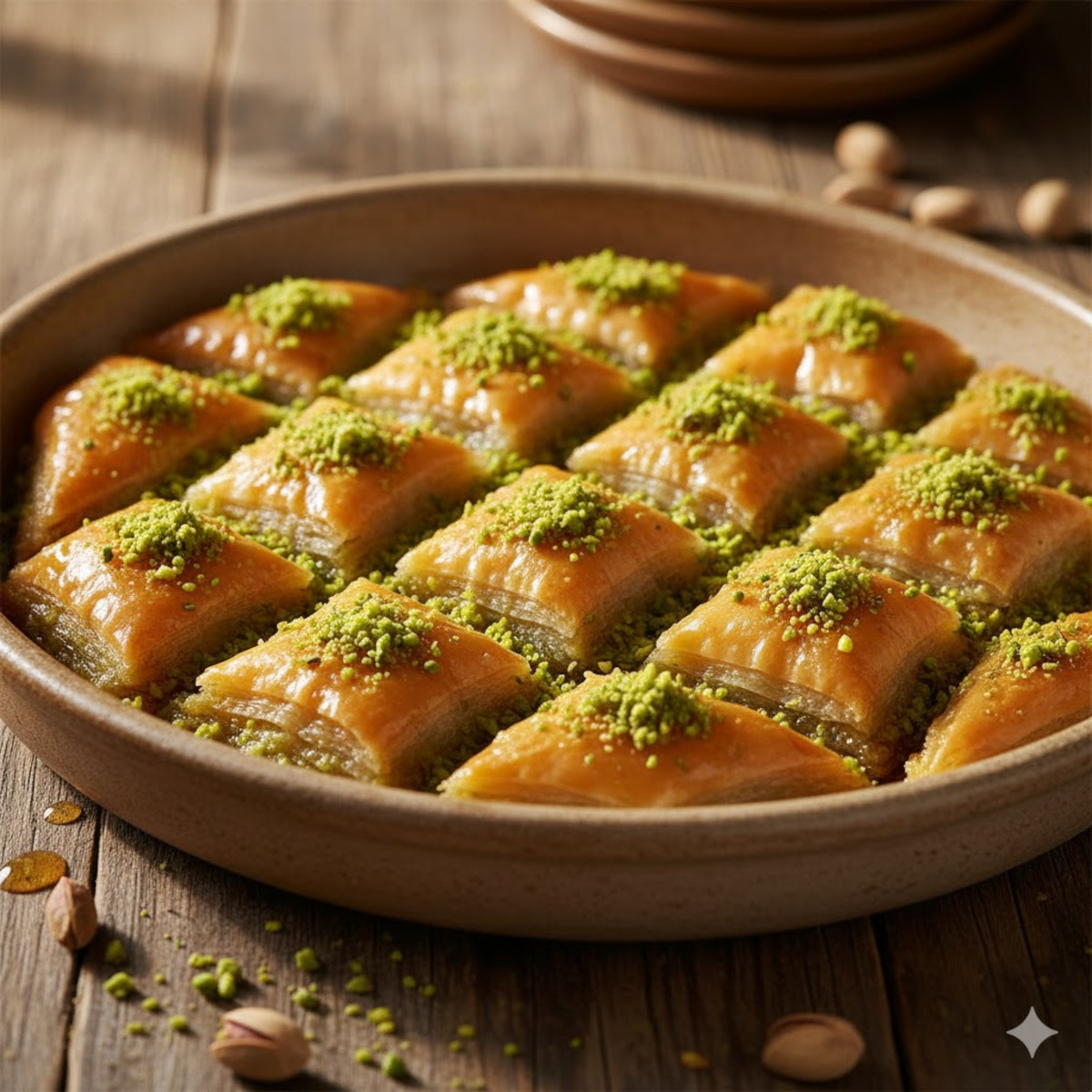 Baklava oriental doré aux pistaches, dessert méditerranéen au miel et à la pâte filo