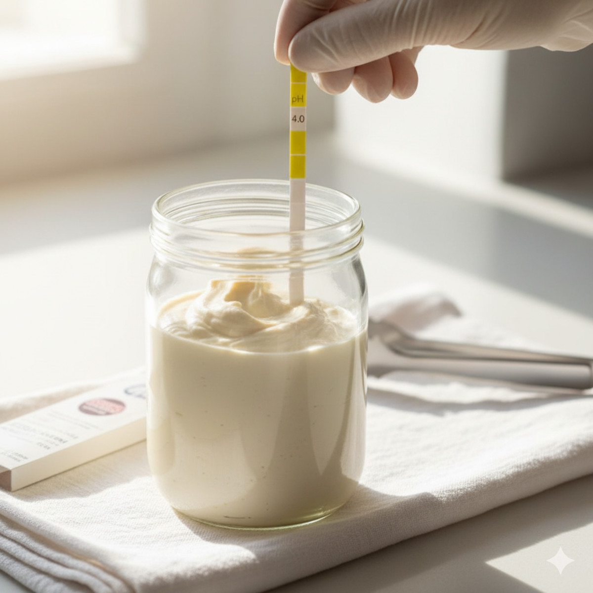 Bocal de fromage de cajou avec bandelette pH < 4,4 et ustensiles stériles