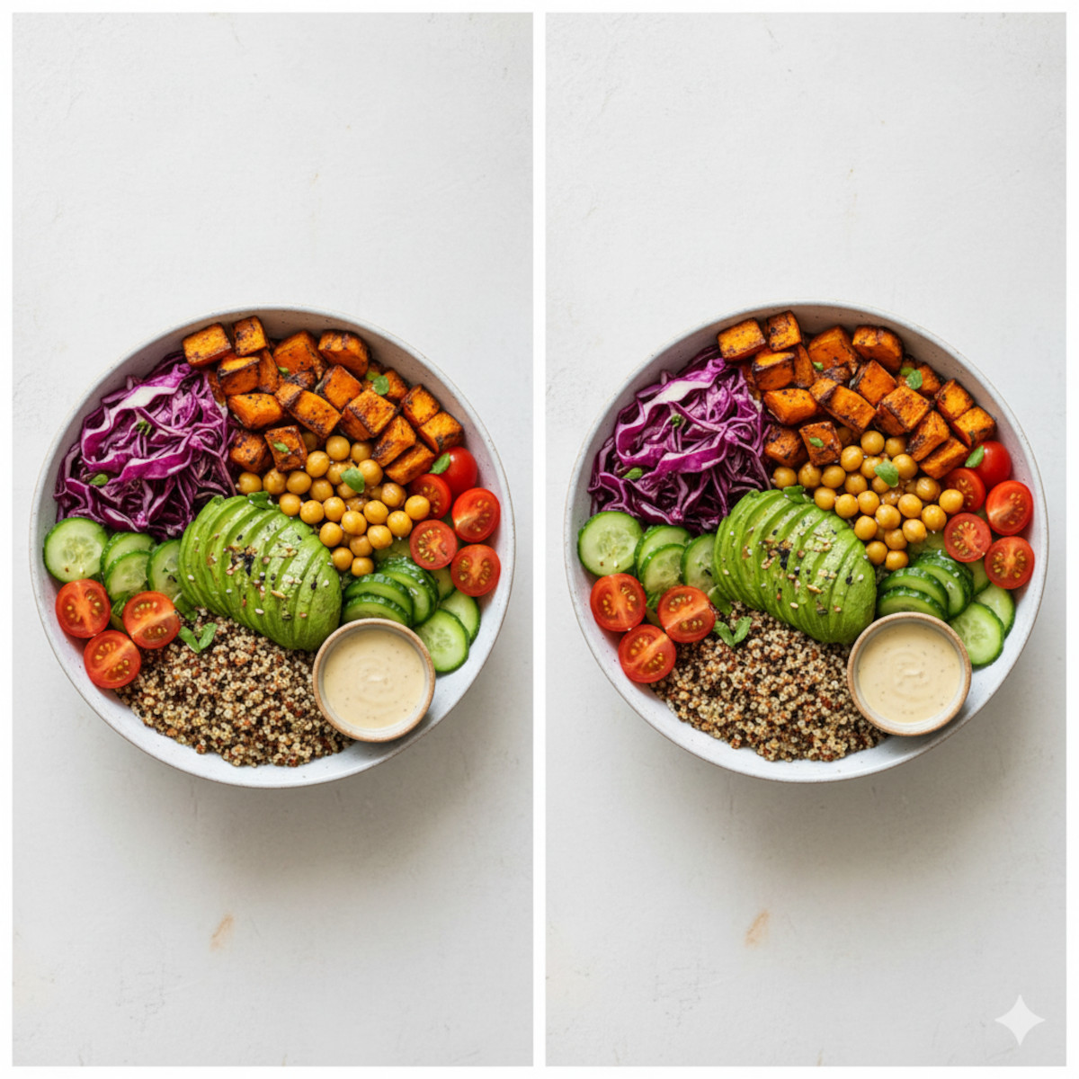 Buddha bowl coloré : quinoa, patate douce rôtie, pois chiches, chou rouge, concombre, avocatpng