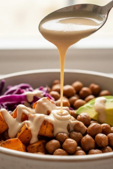 Buddha bowl en gros plan avec sauce tahini-citron brillante versée sur les toppings