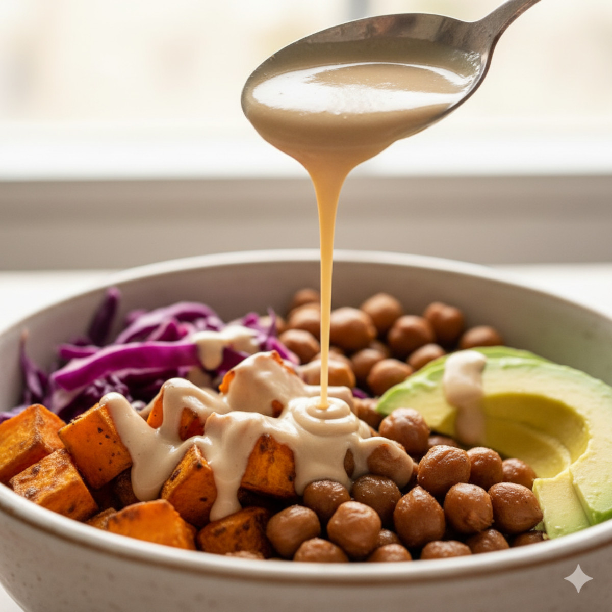 Buddha bowl en gros plan avec sauce tahini-citron brillante versée sur les toppings