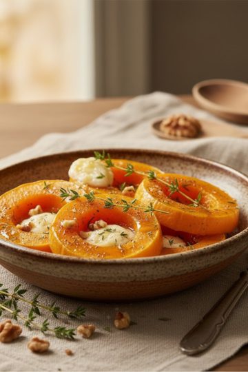 Butternut rôti au chèvre et miel doré au four un accompagnement végétarien d'automne