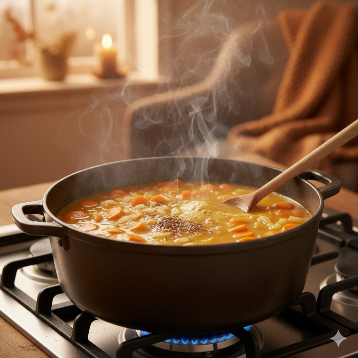 Carottes en rondelles mijotant dans une casserole avec oignon, cumin et bouillon de légumes