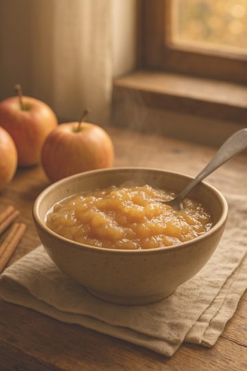 Compote de pommes maison sans sucre ajouté sur une table en bois rustique, entourée de pommes fraîches et de bâtons de cannelle, ambiance automnale chaleureusepng