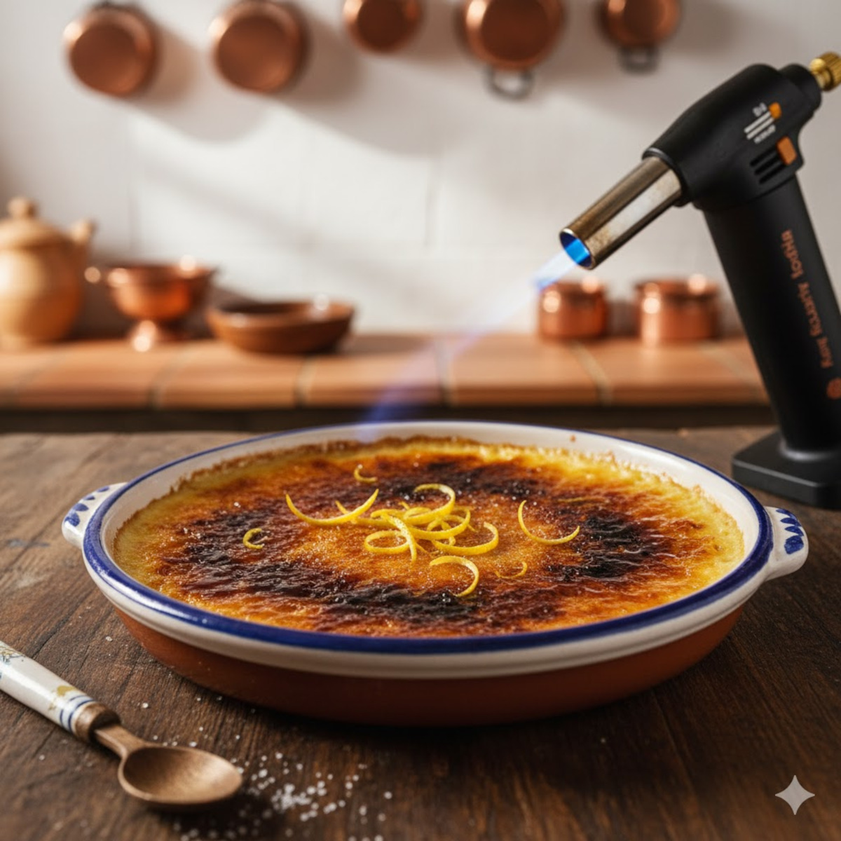 Crème catalane caramélisée au chalumeau, dessert espagnol traditionnel