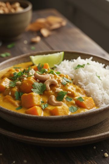 Curry de butternut servi dans un bol avec riz basmati et coriandre