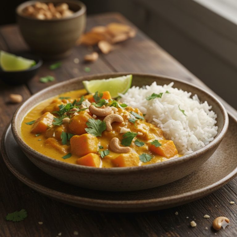 Curry de butternut servi dans un bol avec riz basmati et coriandre