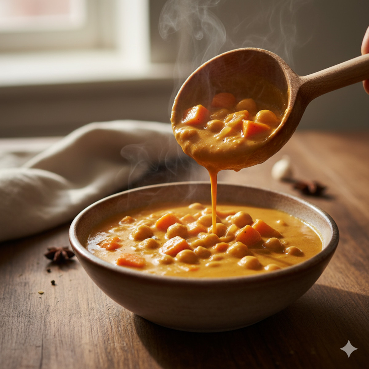 Curry végétarien crémeux versé à la louche dans un bol, pois chiches et légumes visibles