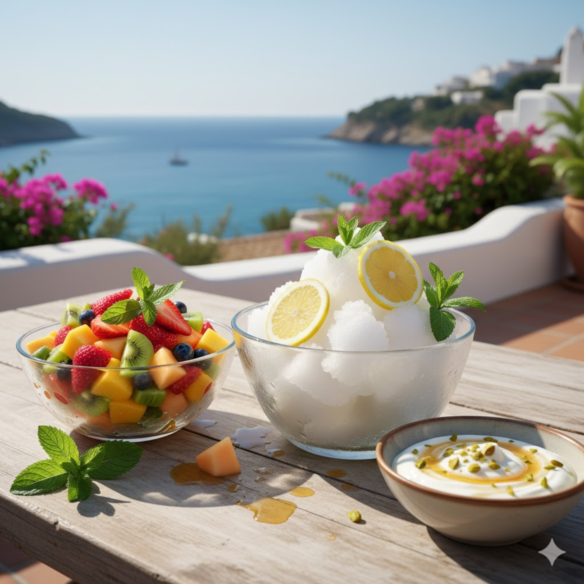 Desserts méditerranéens d’été : granita, salade de fruits, yaourt grec au miel