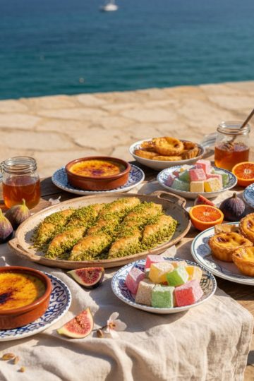 Desserts méditerranéens variés sur une table face à la mer, baklava, tiramisu et fruits confits au miel