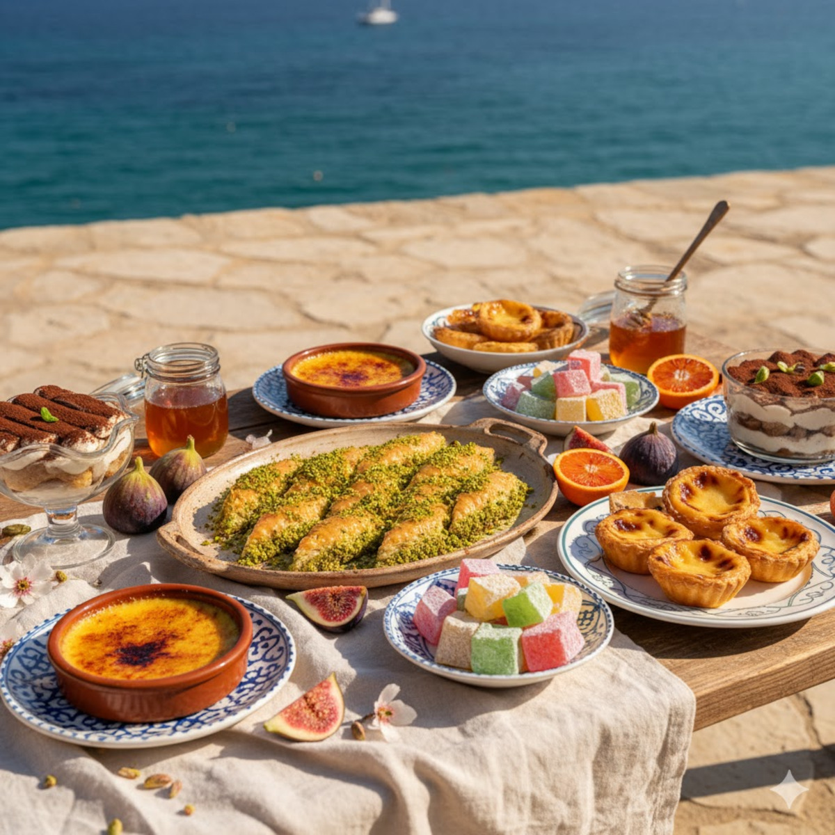 Desserts méditerranéens variés sur une table face à la mer, baklava, tiramisu et fruits confits au miel
