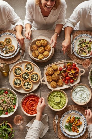 Grande tablée conviviale de recettes végétariennes maison, ambiance chaleureuse et plats colorés