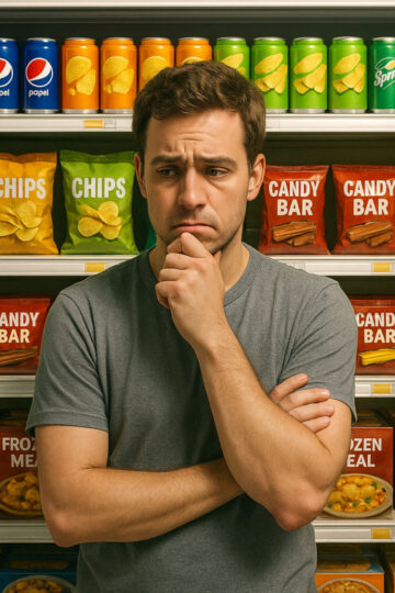 Homme hésitant devant rayon rempli de malbouffe et sodas
