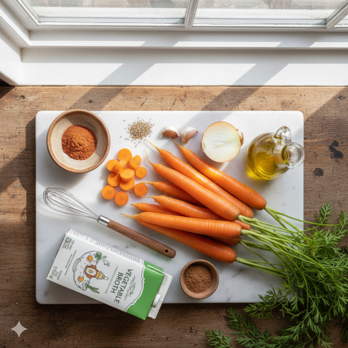 Ingrédients frais pour soupe de carottes au cumin : carottes, oignon, ail, cumin, bouillon et huile d’olive sur un plan de travail