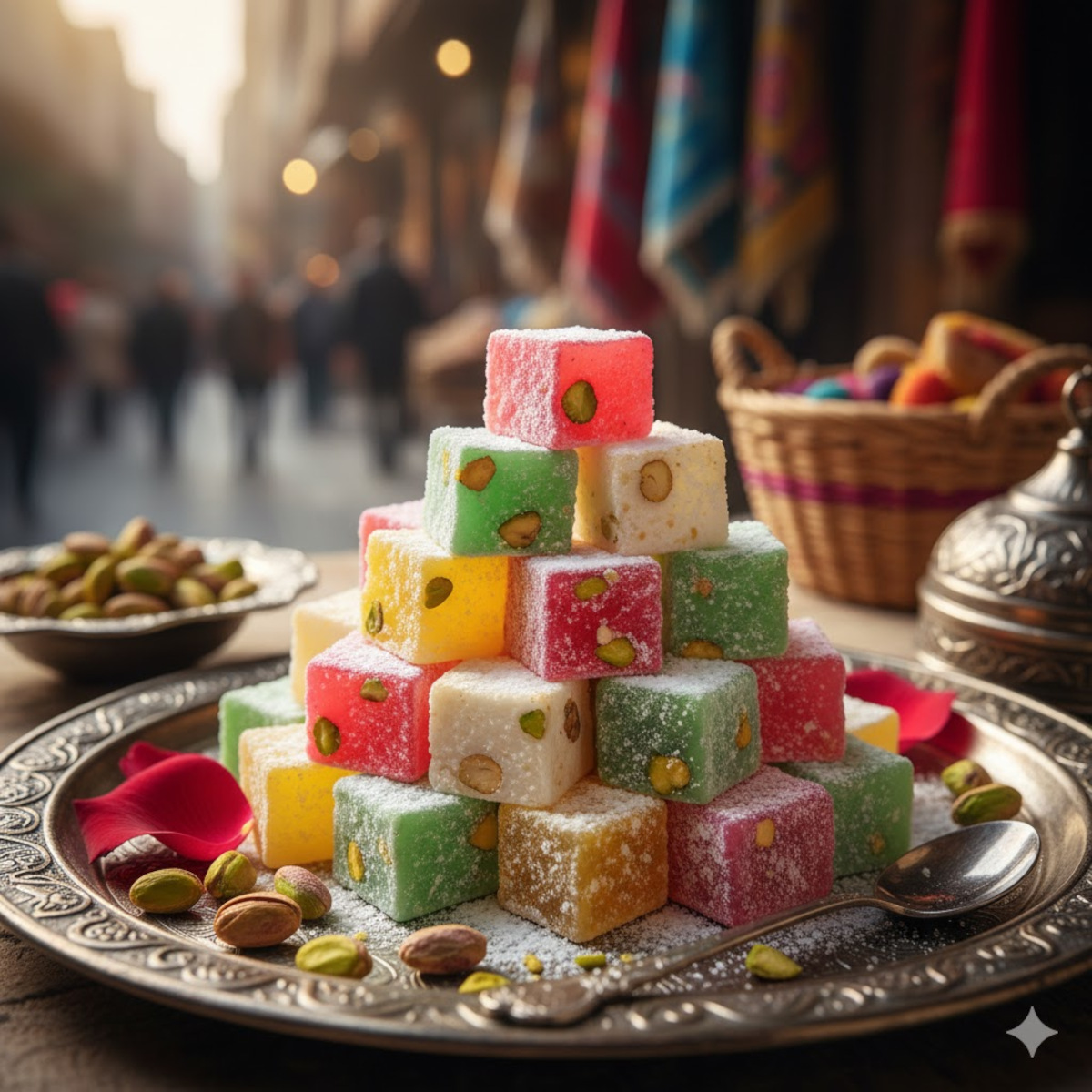 Loukoums turcs colorés à la rose et pistache, confiseries méditerranéennes traditionnelles
