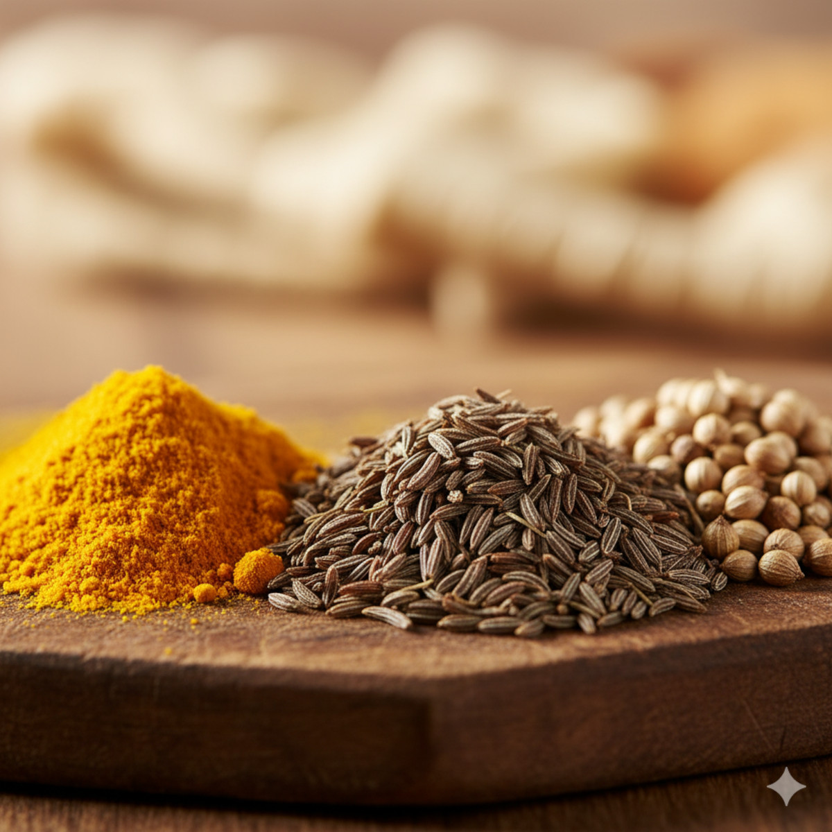 Macro d’épices de curry : poudre de curcuma, graines de cumin et coriandre, textures nettes