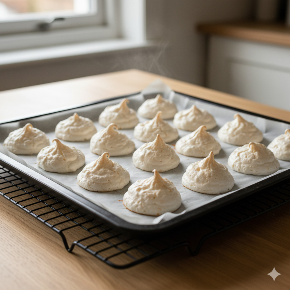 Meringues vegan à l’aquafaba sur plaque, bords dorés, aspect léger