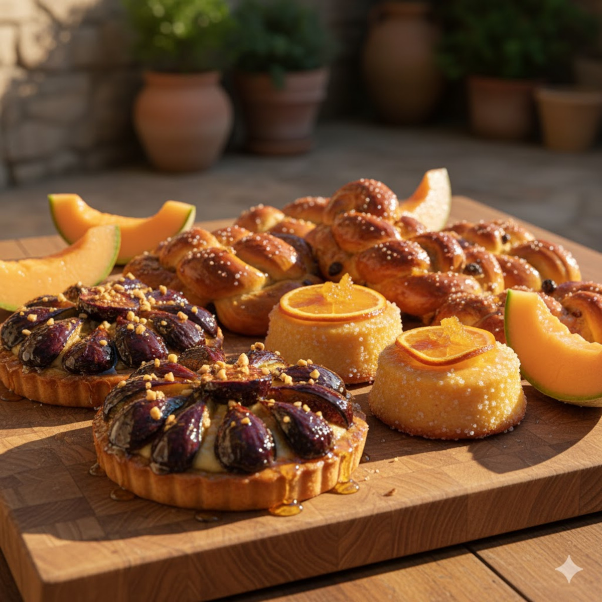 Pâtisseries méditerranéennes à base de fruits : figues, agrumes confits et raisins