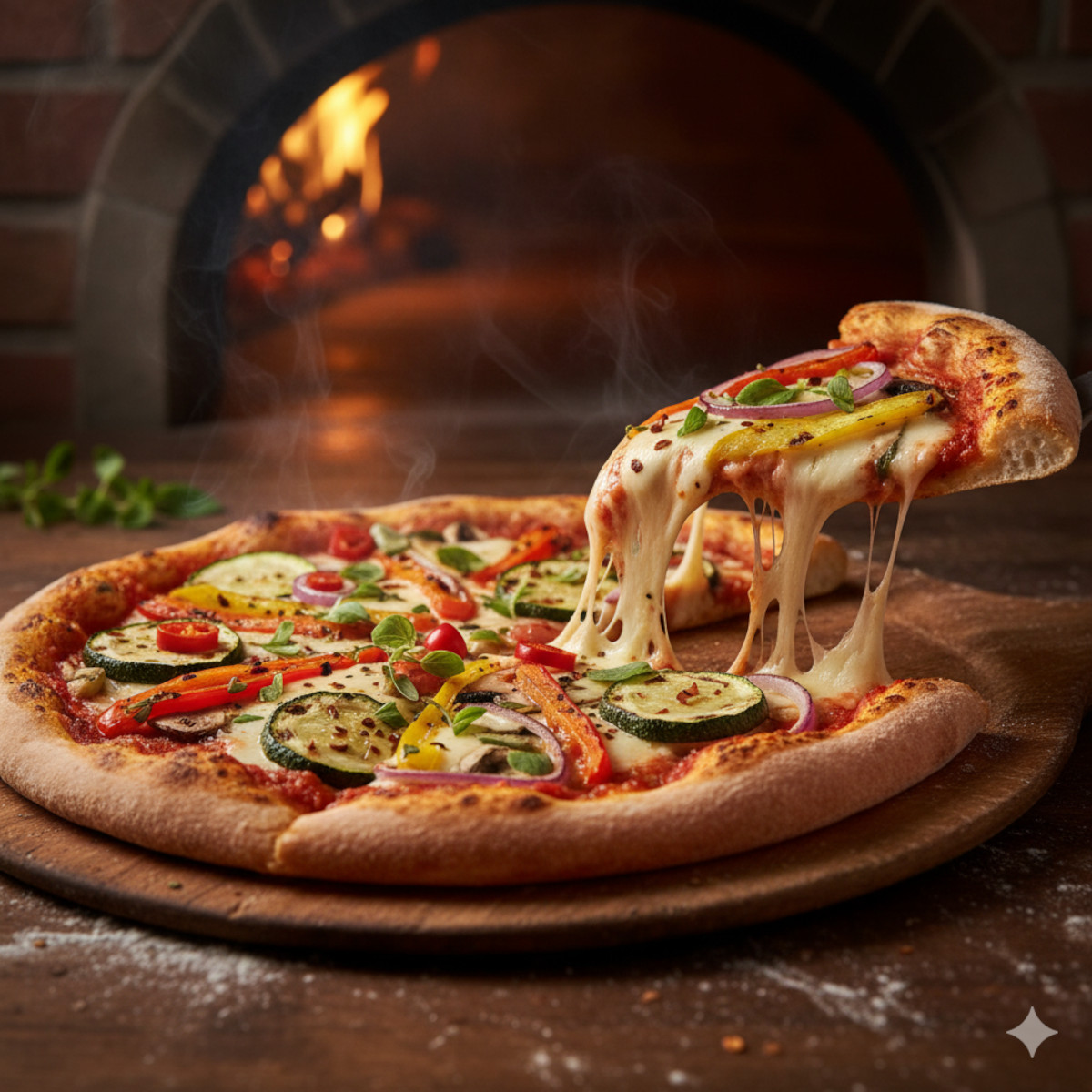 Pizza vegan sortie du four, fromage végétal fondu, part soulevée avec filant