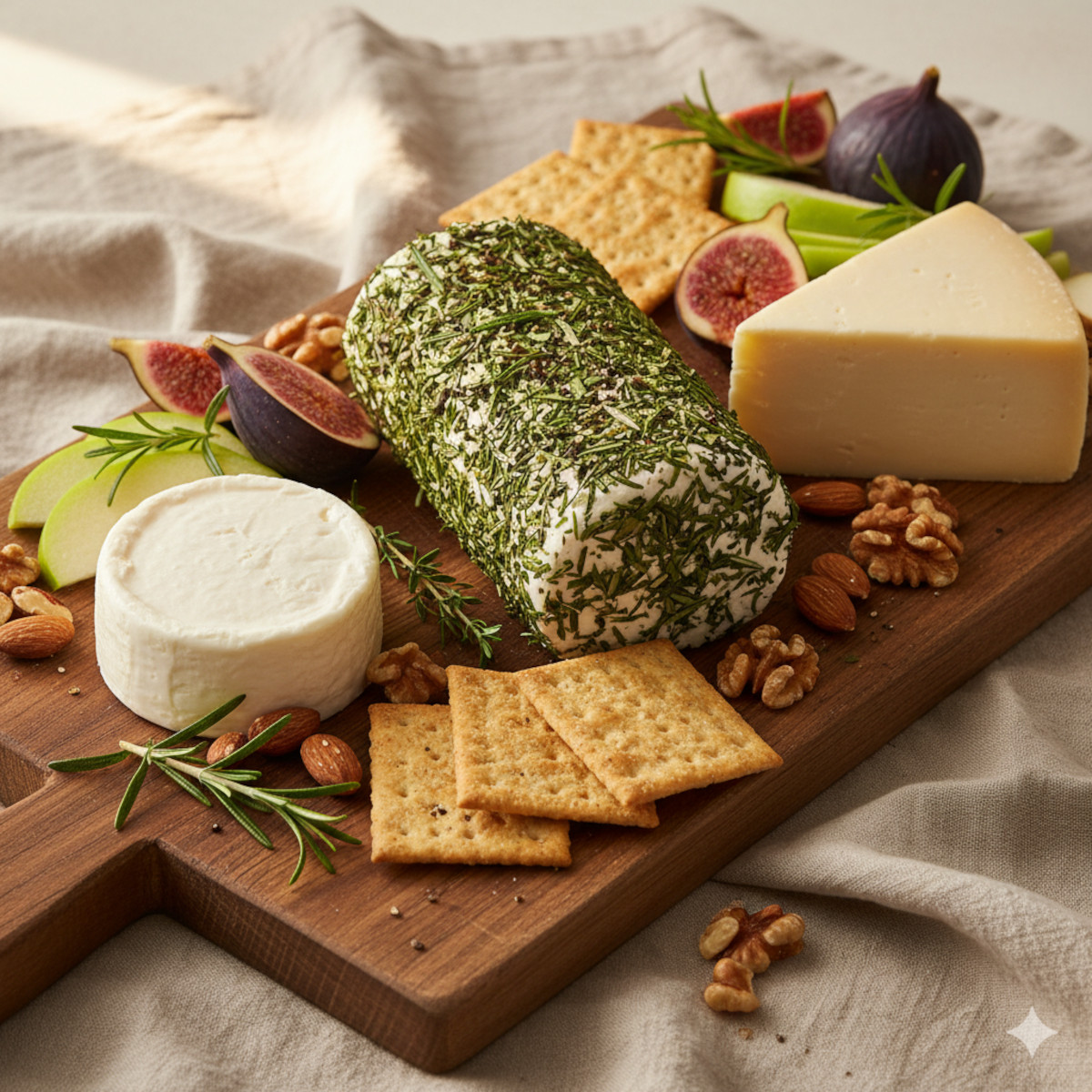 Plateau de fromages vegan maison : bûche aux herbes, palet tartinable, morceau semi-ferme