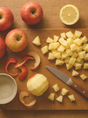 Pommes fraîches pelées et coupées sur une planche en bois, citron et couteau d'office à côté, préparation d'une compote de pommes maison naturelle et sans sucre