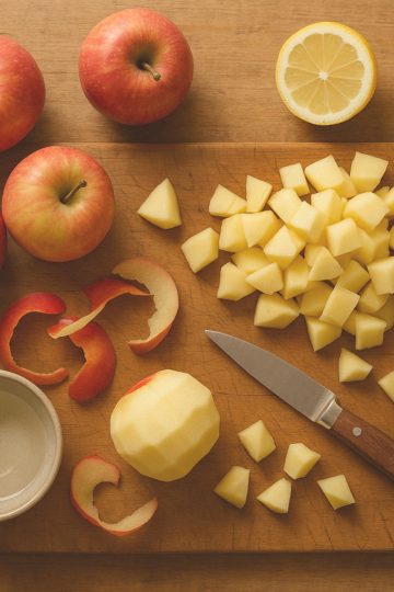 Pommes fraîches pelées et coupées sur une planche en bois, citron et couteau d'office à côté, préparation d'une compote de pommes maison naturelle et sans sucre