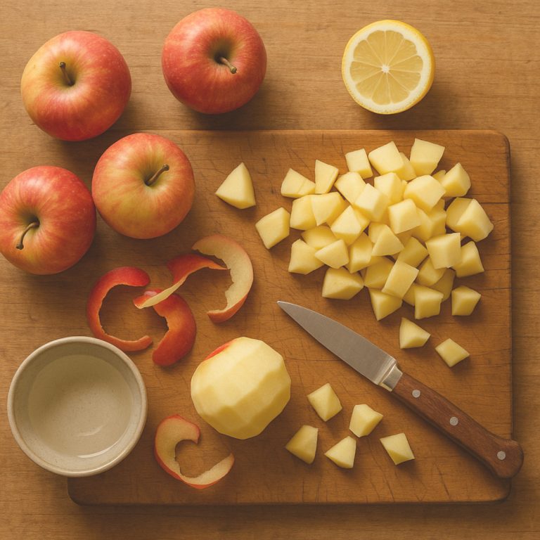 Pommes fraîches pelées et coupées sur une planche en bois, citron et couteau d’office à côté, préparation d’une compote de pommes maison naturelle et sans sucre