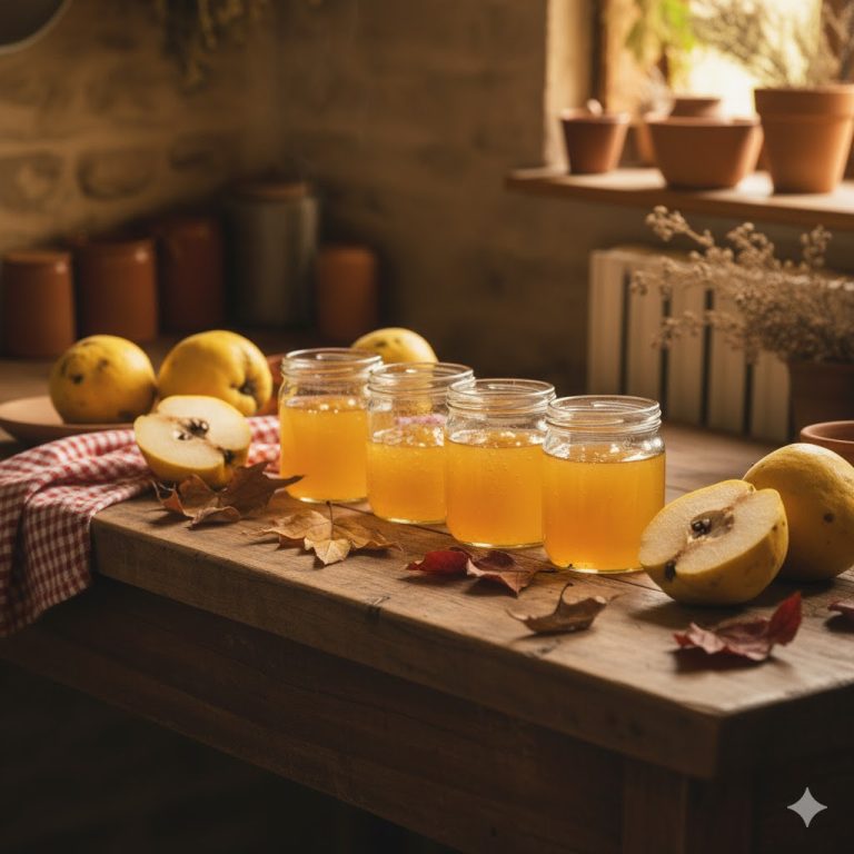 Pots de gelée de coing dorée alignés sur une table en bois, entourés de fruits jaunes, feuilles sèches et torchon à carreaux rouge et blanc