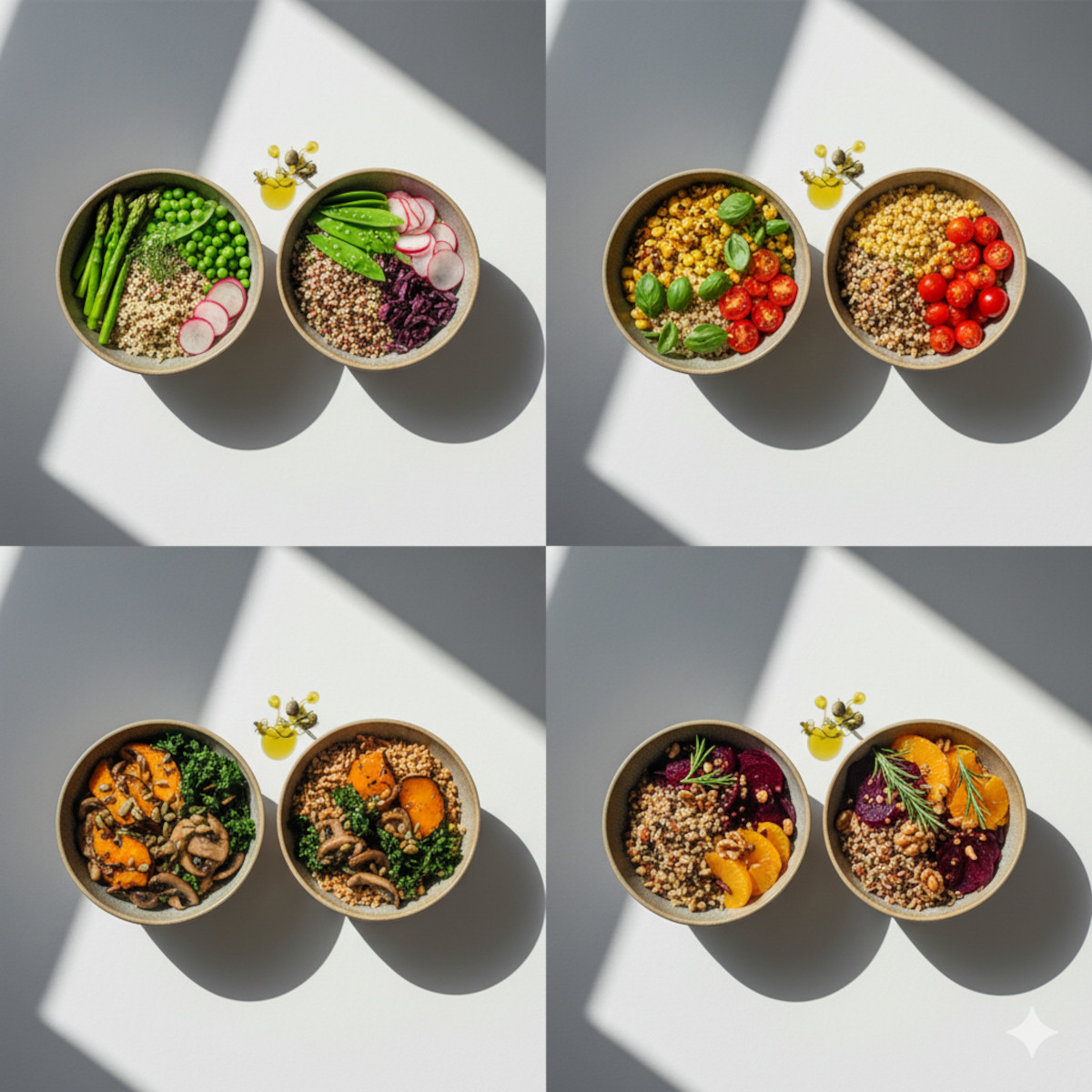 Quatre mini Buddha bowls de saison : printemps, été, automne, hiver, produits frais