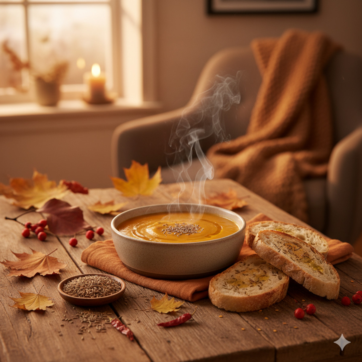 Soupe de carottes au cumin servie chaude dans un bol automnal avec pain grillé et feuilles dorées autour