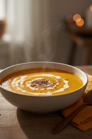 Soupe de carottes au cumin veloutée servie dans un bol avec crème et graines de cumin grillées