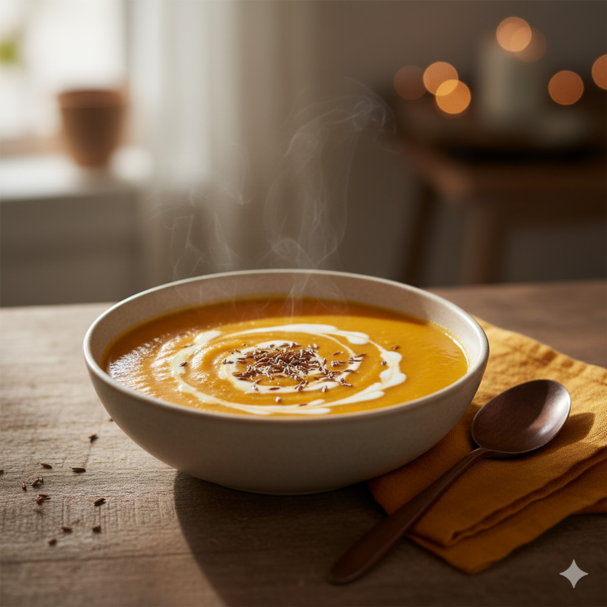Soupe de carottes au cumin veloutée servie dans un bol avec crème et graines de cumin grillées