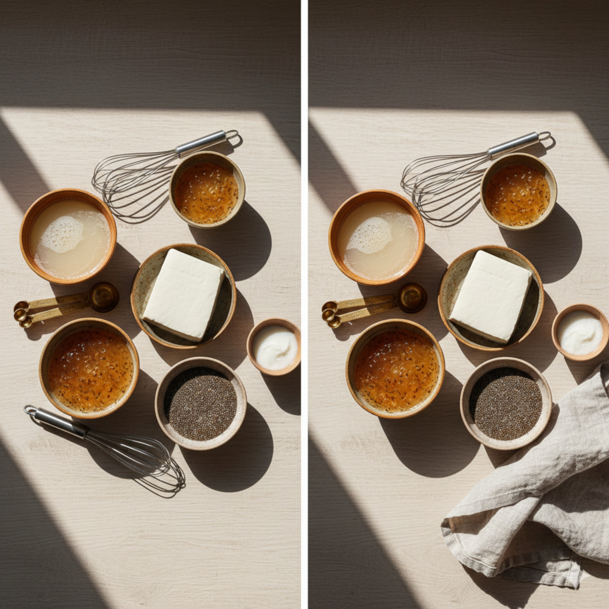 Substituts d’œufs vegan en flat lay : aquafaba, tofu, gel de lin et chia, fécule