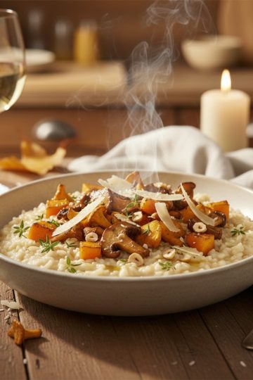 Table avec assiette de risotto automnal crémeux, verre de vin blanc, nappe en lin et lumière dorée d'octobre