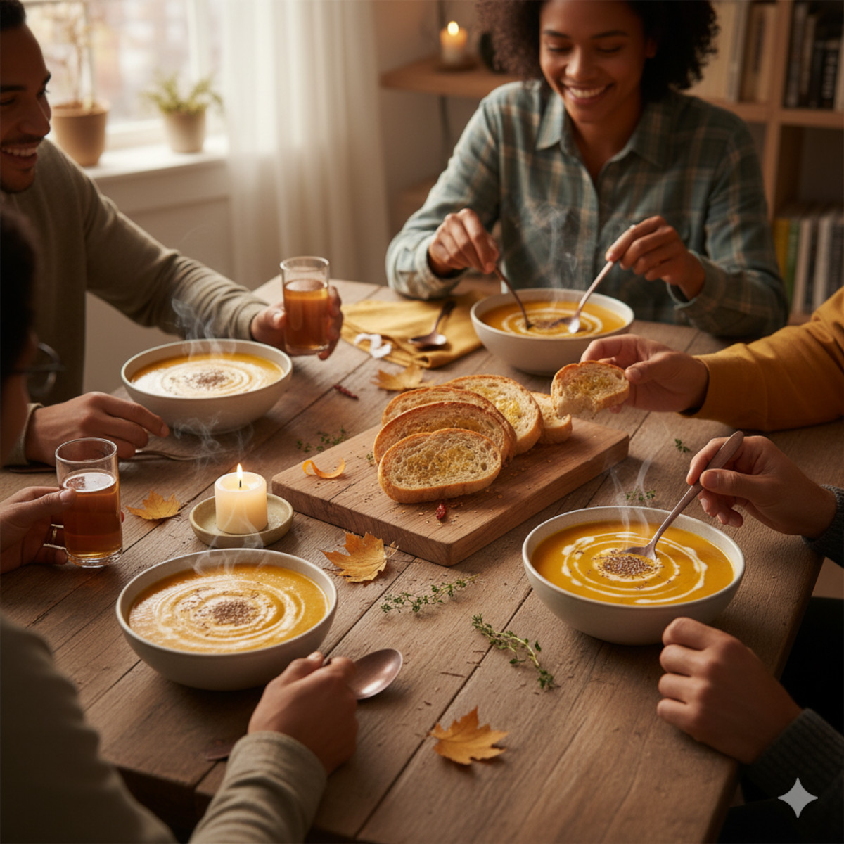 Table d’automne conviviale avec bols de soupe de carottes au cumin partagés entre amis