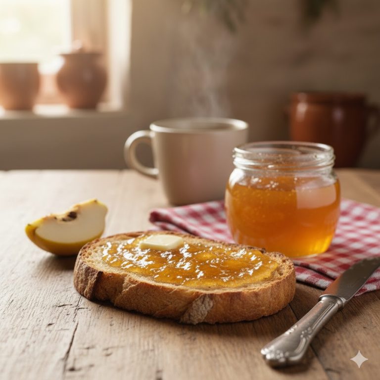 Tartine de pain grillé beurré nappée de gelée de coing maison, pot ouvert et tasse de café à côté, petit-déjeuner automnal gourmand