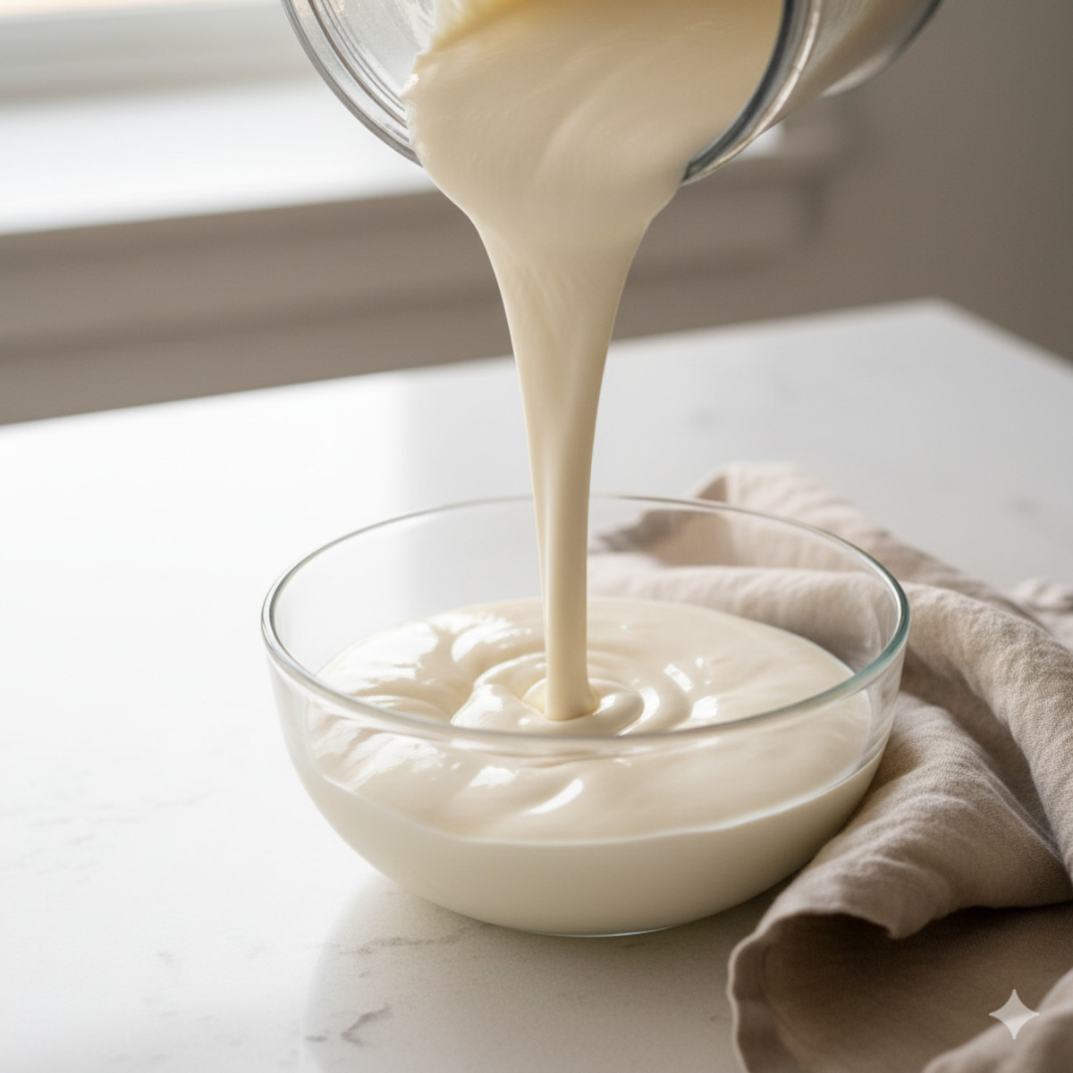 Tofu soyeux mixé coulant en ruban lisse dans un bol, texture crème onctueuse