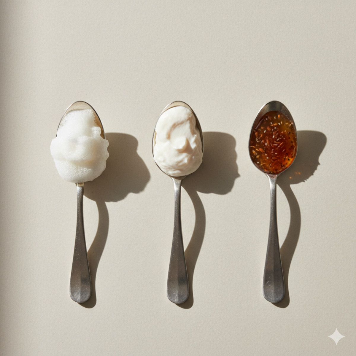Trois cuillères : mousse d’aquafaba, crème de tofu soyeux, gel de lin, textures comparées