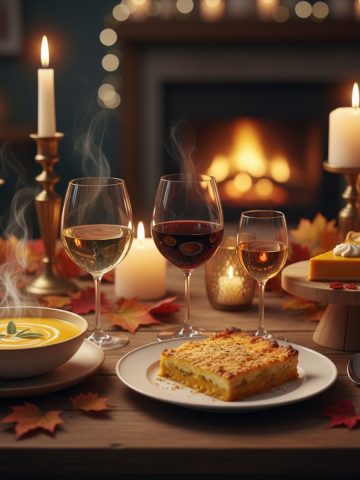 Trois verres de vin (blanc, rouge, moelleux) associés à des plats à base de courge idée d'accords mets-vins d'automne