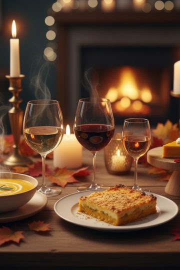 Trois verres de vin (blanc, rouge, moelleux) associés à des plats à base de courge idée d'accords mets-vins d'automne