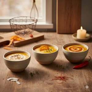 Variantes de la soupe de carottes au cumin : version lait de coco, version orange pressée et version piment doux