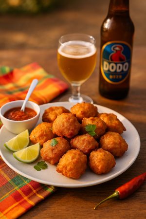 accras de morue réunionnais croustillants servis pour l’apéritif avec sauce piment et bière Dodo