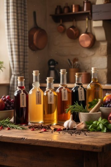 bouteilles de vinaigre artisanal – vin, cidre, balsamique, riz et malt sur table de cuisine rustique