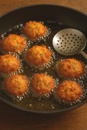 cuisson des accras de morue dans un bain d’huile à 170 °C, friture dorée et croustillante