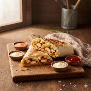 french tacos maison doré garni de frites, viande et sauce fromagère