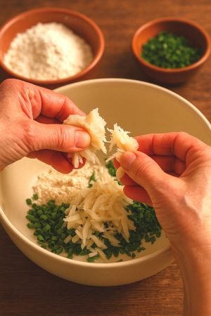 ingrédients des accras de morue réunionnais : morue dessalée, farine, cive, piment, combava et citron vert