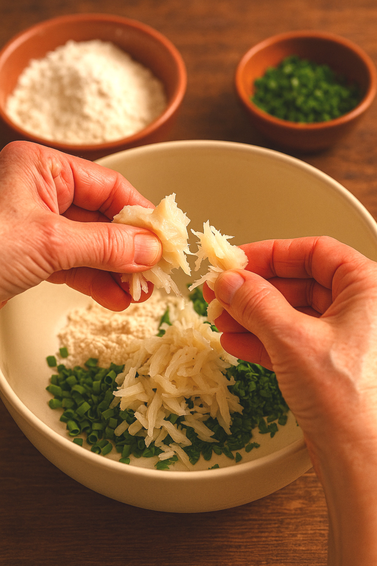 ingrédients des accras de morue réunionnais : morue dessalée, farine, cive, piment, combava et citron vert