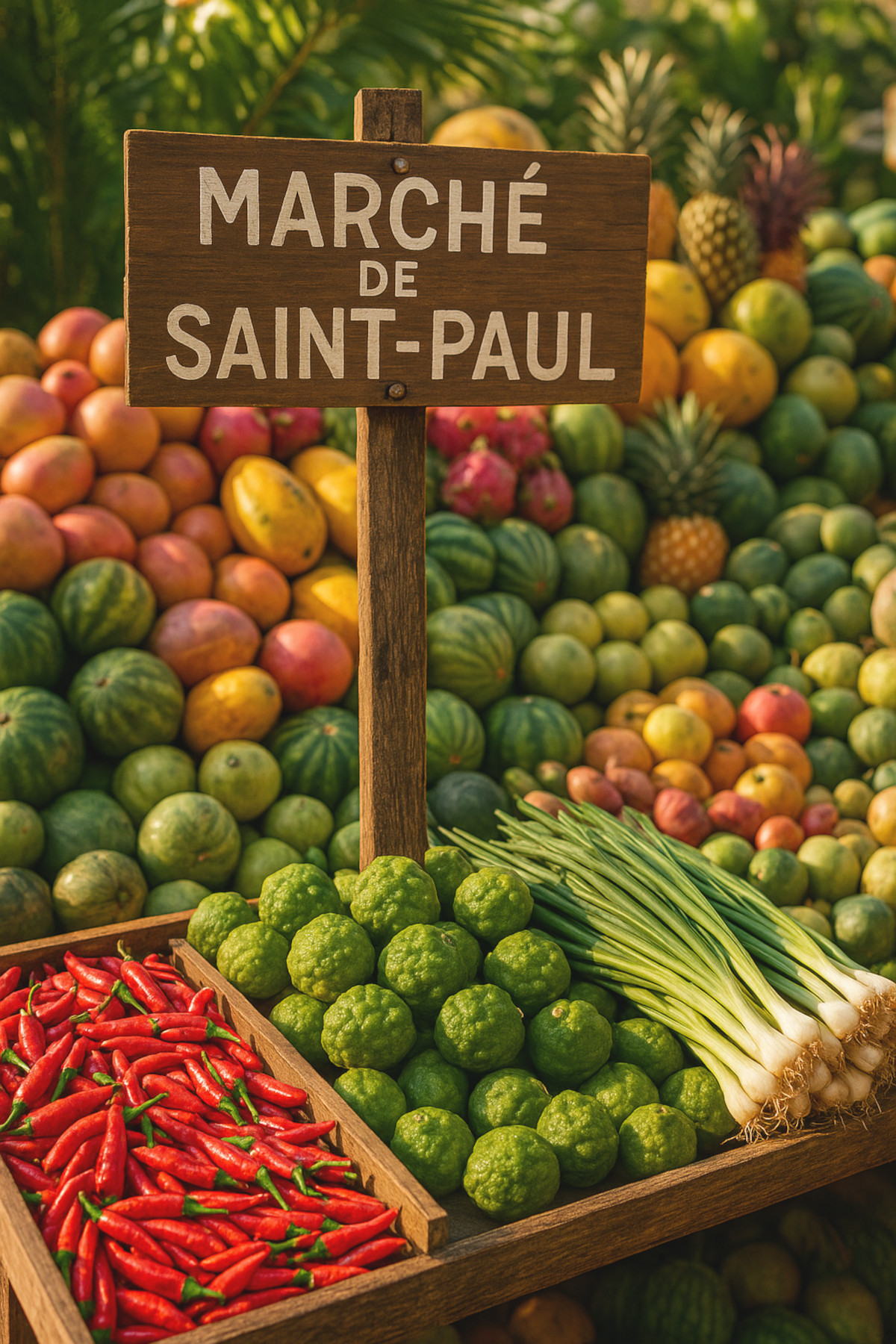 marché créole à La Réunion avec piments, combava et oignons verts