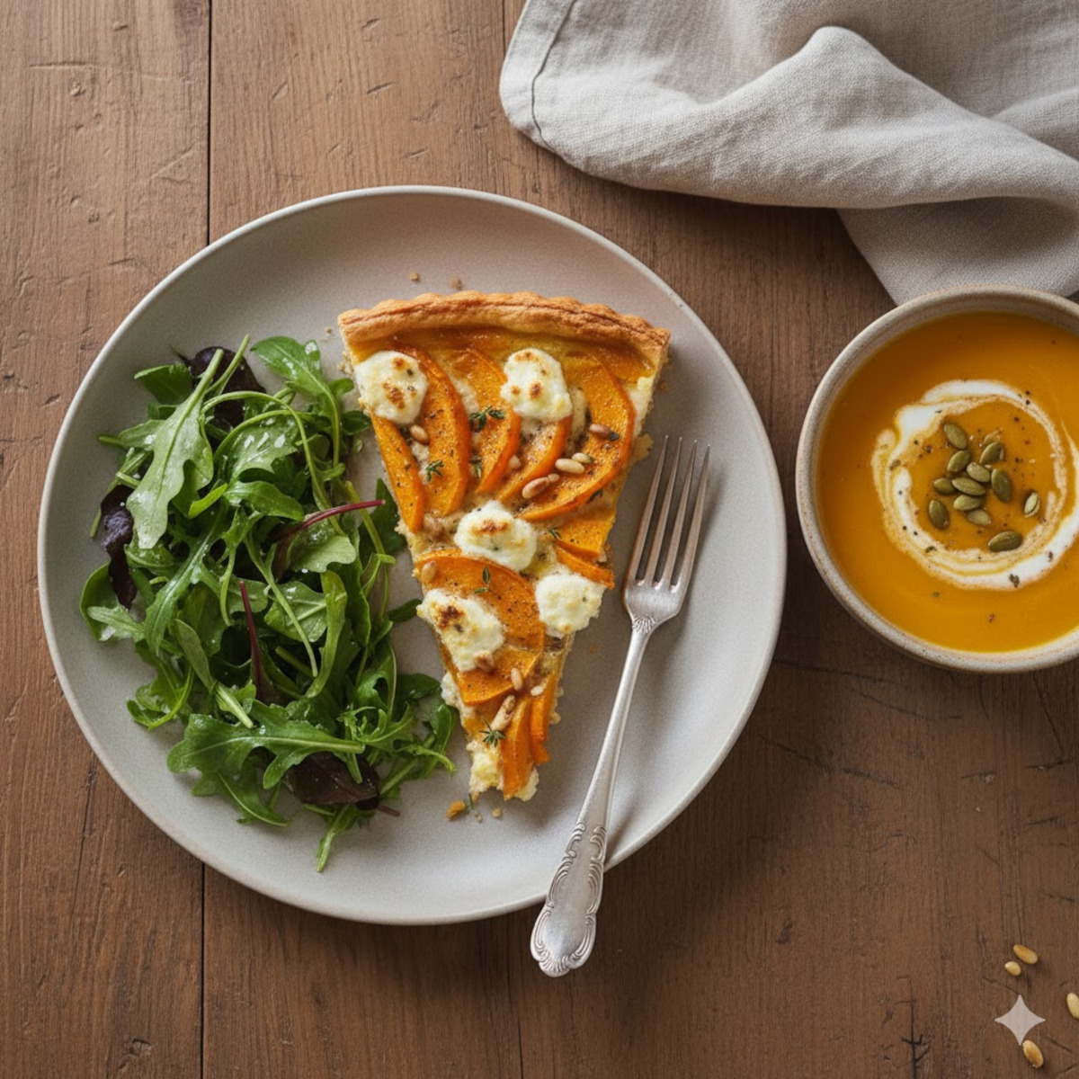Assiette d’automne composée : tarte à la courge, salade verte croquante et soupe chaude en accompagnement
